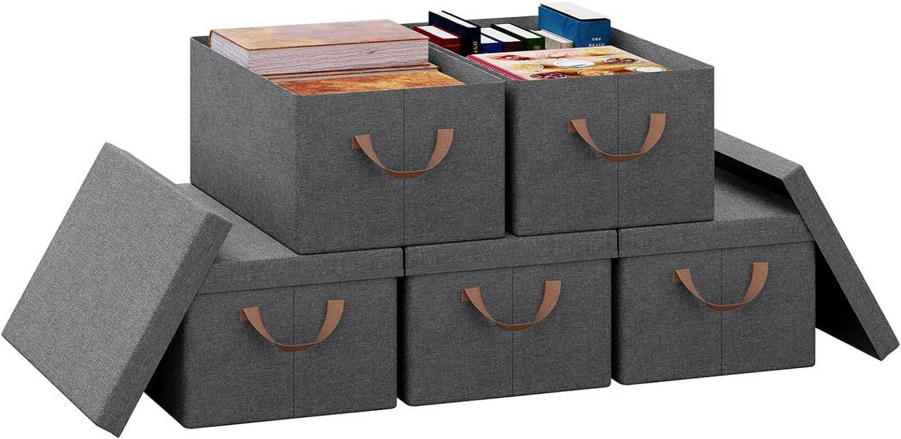 24goodz Set of 5 Storage Boxes with Lid - Space-Saving Design - Durable Polyester - For Home Organization - Grey (48x29x20 cm)