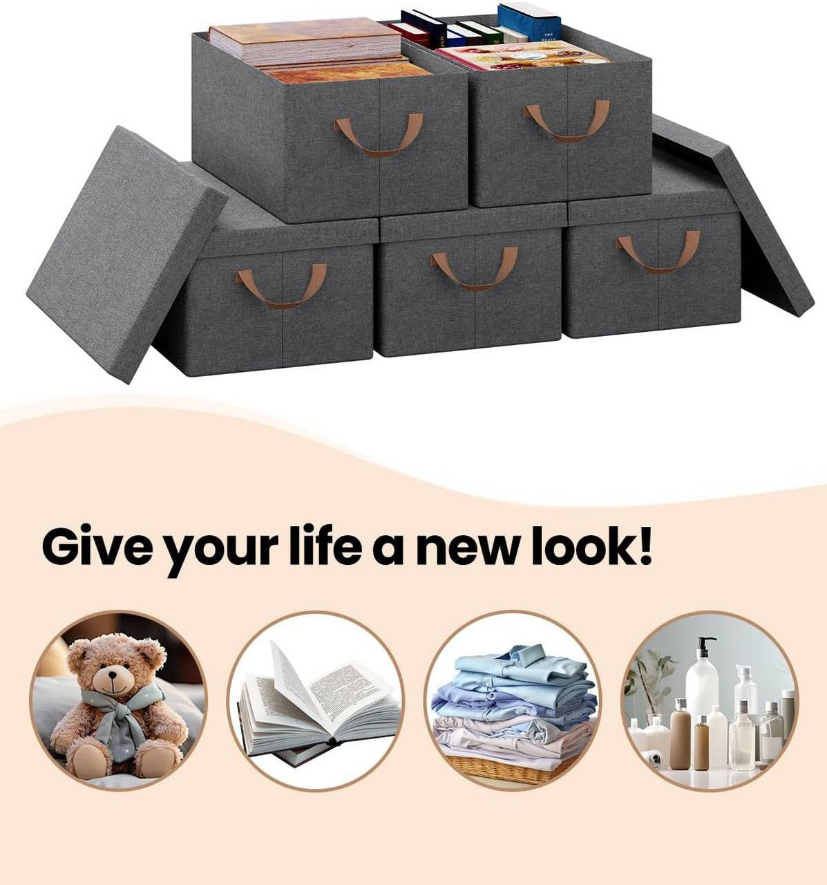 24goodz Set of 5 Storage Boxes with Lid - Space-Saving Design - Durable Polyester - For Home Organization - Grey (48x29x20 cm)