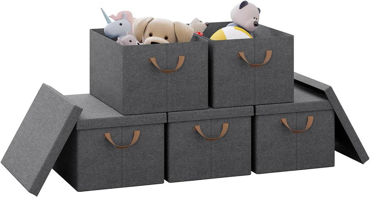 24goodz Set of 5 Storage Boxes with Lids - Versatile and Space-Saving - Polyester and Metal - Grey - 20L, 27L, 36L, 51L