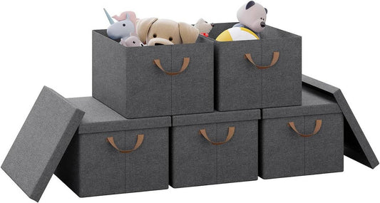 24goodz Set of 5 Storage Boxes with Lids - Versatile and Space-Saving - Polyester and Metal - Grey - 20L, 27L, 36L, 51L