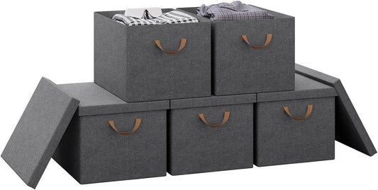 24goodz Set of 5 Storage Boxes with Lids - Versatile and Space-Saving - Polyester - For Home Organization - Grey