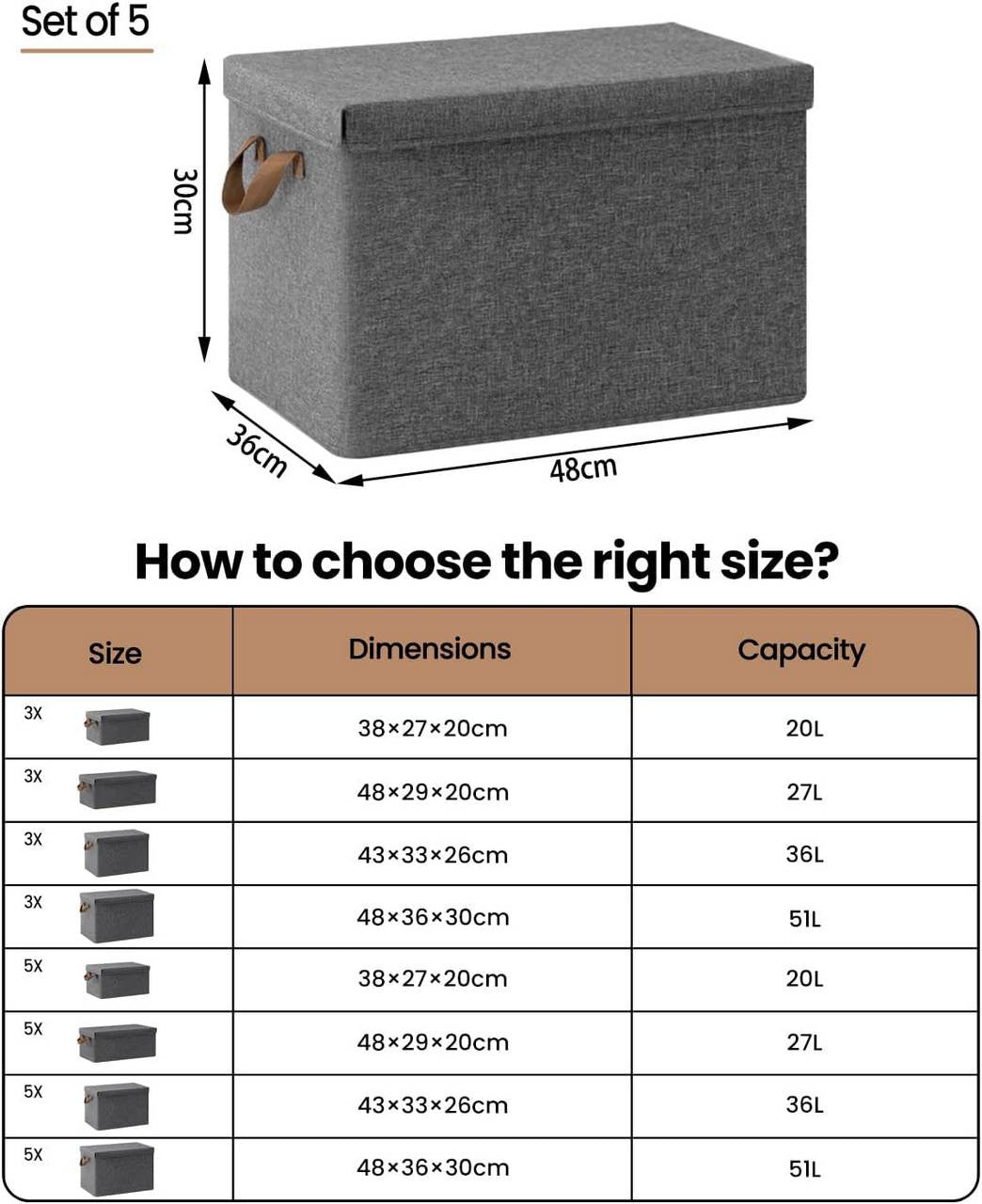 24goodz Set of 5 Storage Boxes with Lids - Versatile and Space-Saving - Polyester - For Home Organization - Grey