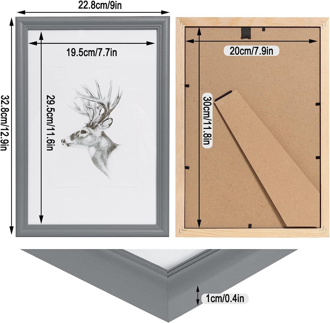24goodz Set of 5 Wooden Photo Frames with Real Glass in Artos Style - Durable and Stylish - Solid Wood + Glass - Grey - 20x30 cm