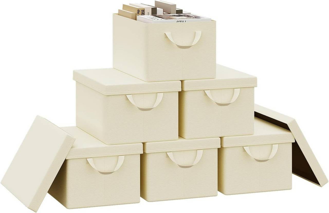 24goodz Set of 6 Storage Boxes with Lids - Versatile Organization Solution - Durable Polyester - For Home & Living - Cream