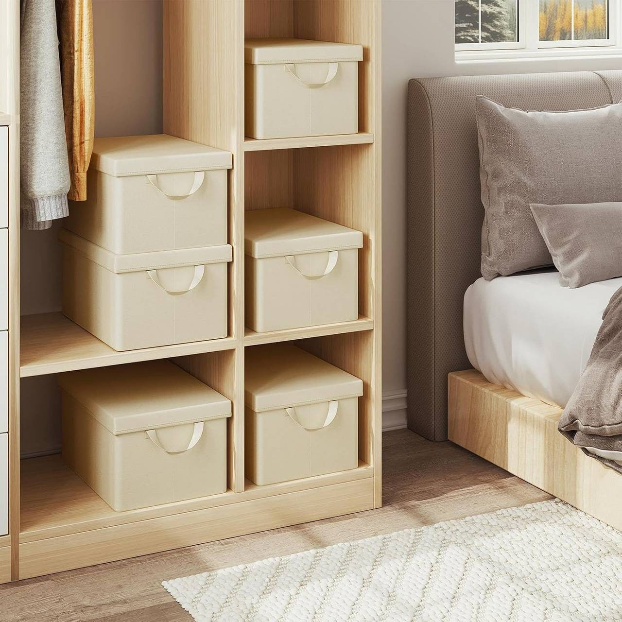 24goodz Set of 6 Storage Boxes with Lids - Versatile Organization Solution - Durable Polyester - For Home & Living - Cream