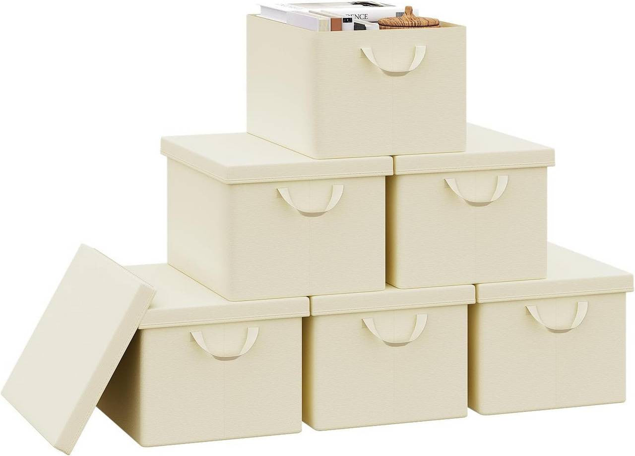 24goodz Set of 6 Storage Boxes with Lids - Versatile Organization Solution - Durable Polyester - For Home and Office - Cream