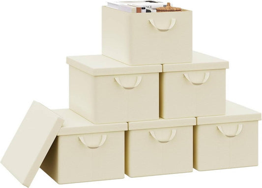 24goodz Set of 6 Storage Boxes with Lids - Versatile Organization Solution - Durable Polyester - For Home and Office - Cream
