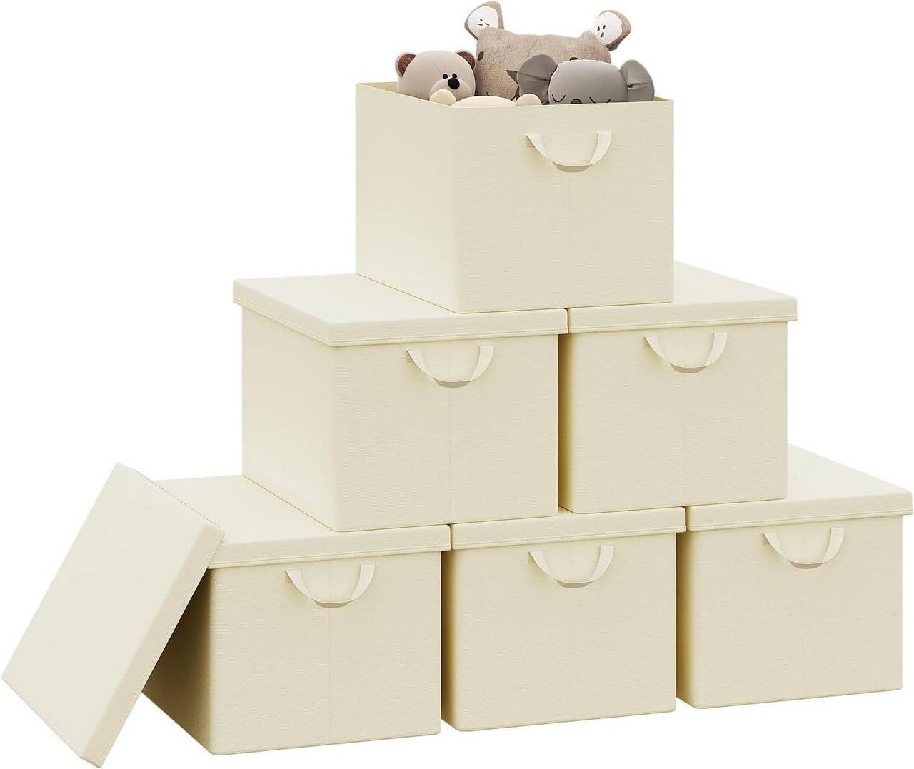 24goodz Set of 6 Storage Boxes with Lids - Versatile and Stylish - High-Quality Polyester - For Home Organization - Cream