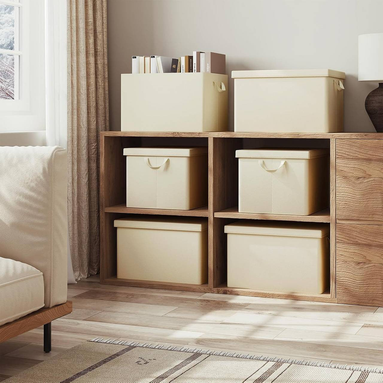 24goodz Set of 6 Storage Boxes with Lids - Versatile and Stylish - High-Quality Polyester - For Home Organization - Cream