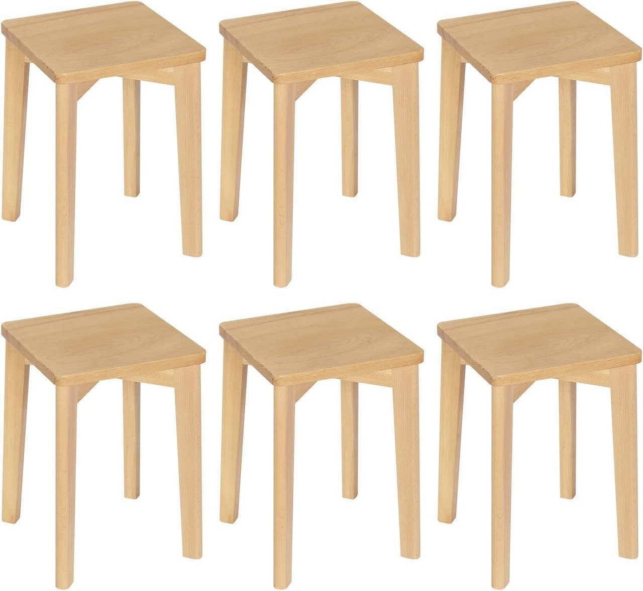 24goodz Wooden Stools Set of 6 - Durable and Space-Saving - Beech Wood - For Home and Dining - Natural Wood Colour - ei