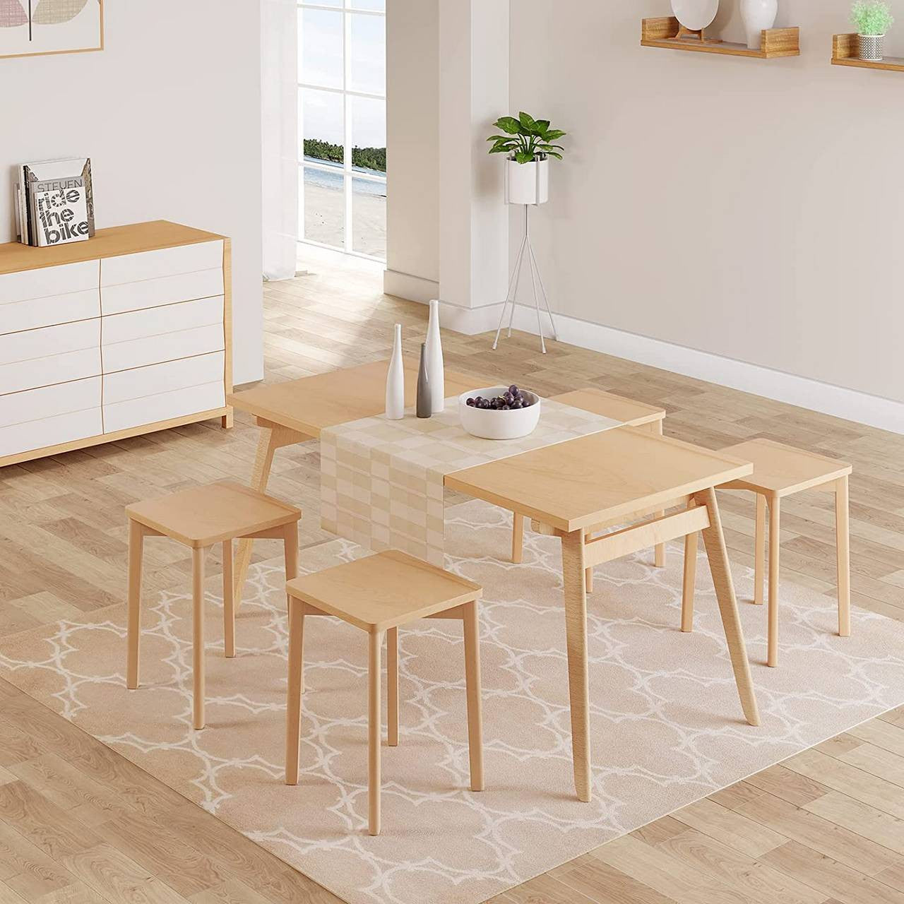 24goodz Wooden Stools Set of 6 - Durable and Space-Saving - Beech Wood - For Home and Dining - Natural Wood Colour - ei