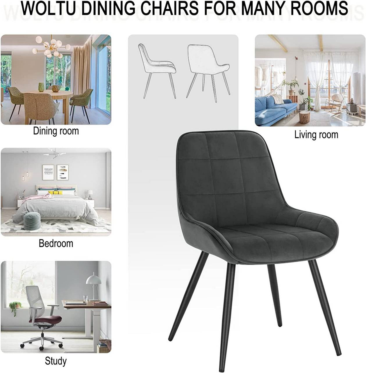 24goodz Velvet Dining Chair Set of 6 - Ergonomic Comfort - Sturdy Metal and Wood - For Dining Rooms and Living Spaces - Dark Grey - dgr