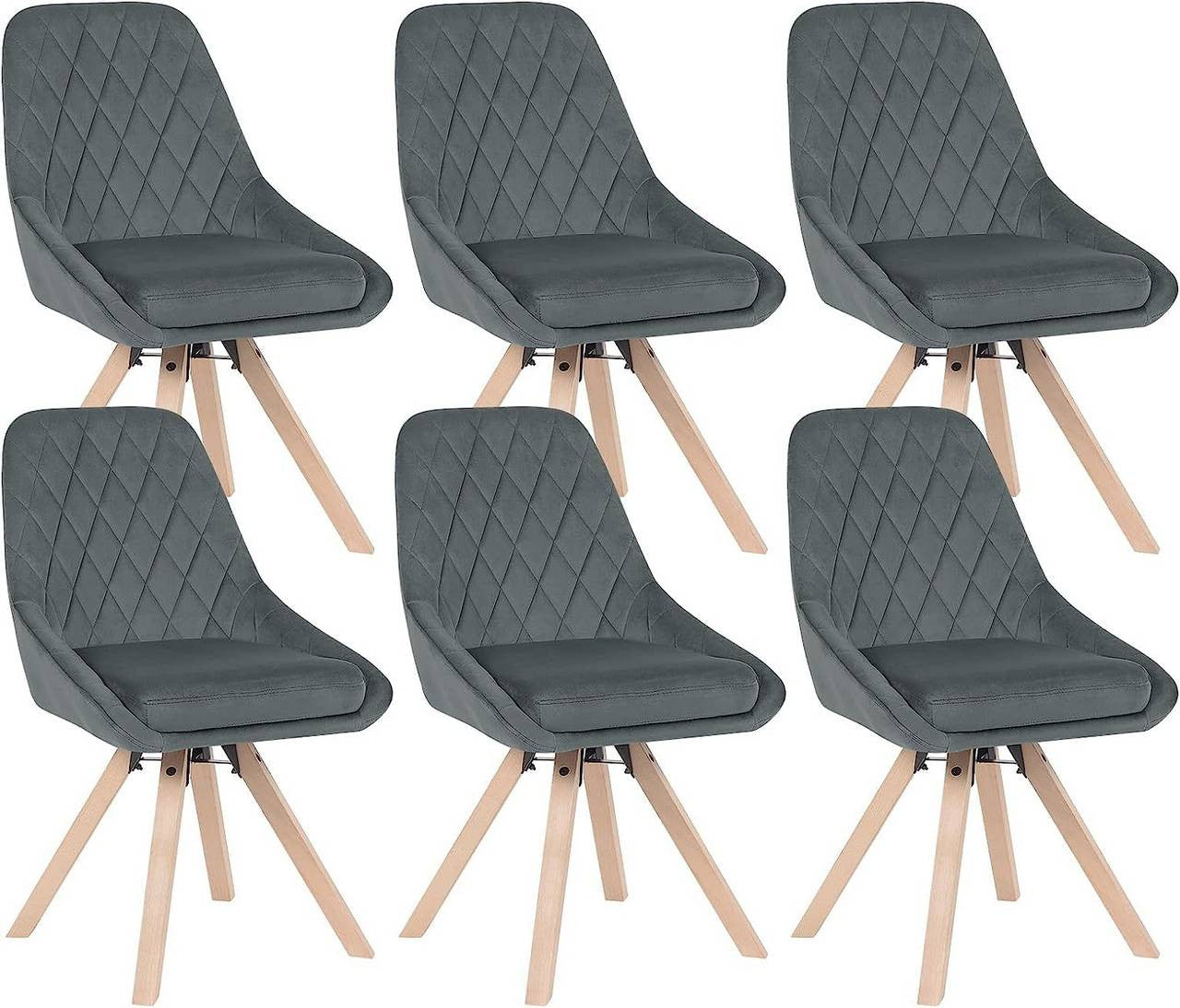 24goodz Set of 6 Dining Chairs - 360-Degree Swivel - Ergonomic Comfort - Velvet + Beech Wood - Dark Grey - dgr