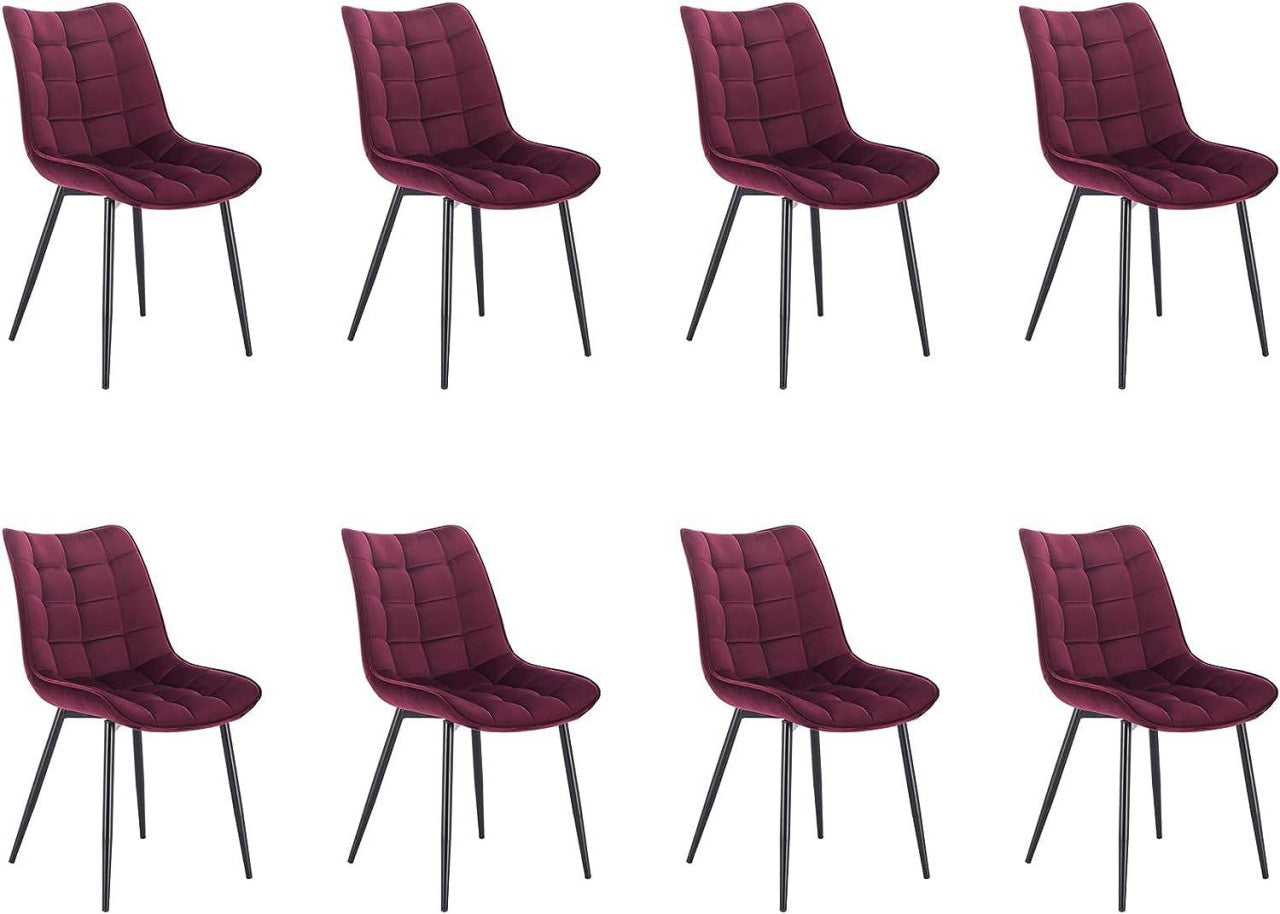 24goodz Set of 8 Dining Chairs with Backrest - Durable Velvet Upholstery - Ergonomic Comfort - Metal Legs - Burgundy