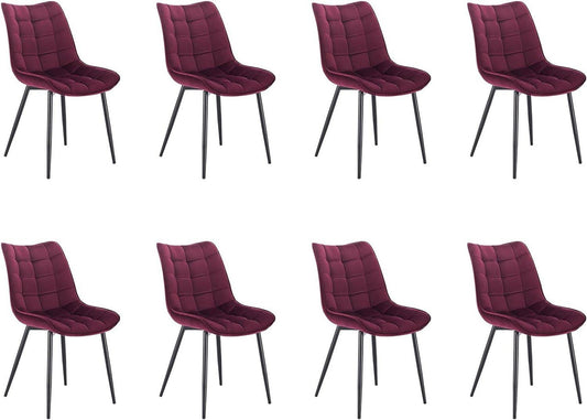 24goodz Set of 8 Dining Chairs with Backrest - Durable Velvet Upholstery - Ergonomic Comfort - Metal Legs - Burgundy