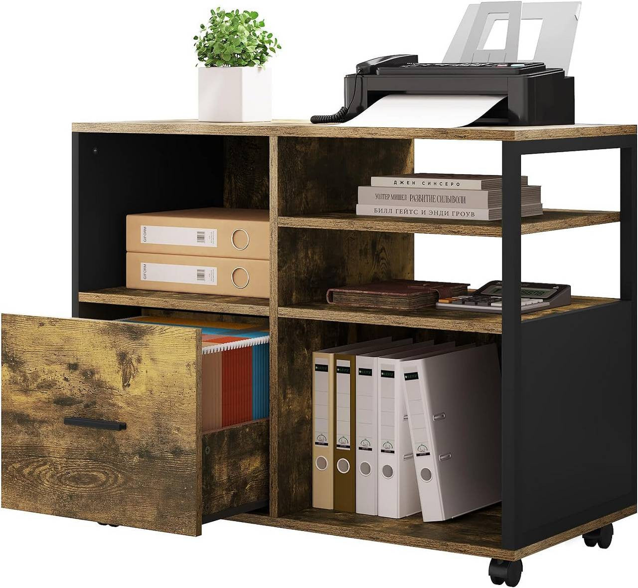 24goodz Vintage Brown Mobile Printer Stand - Spacious Storage - Durable E1 Wood and Metal - For Home and Office - 80 x 65 x 40 cm
