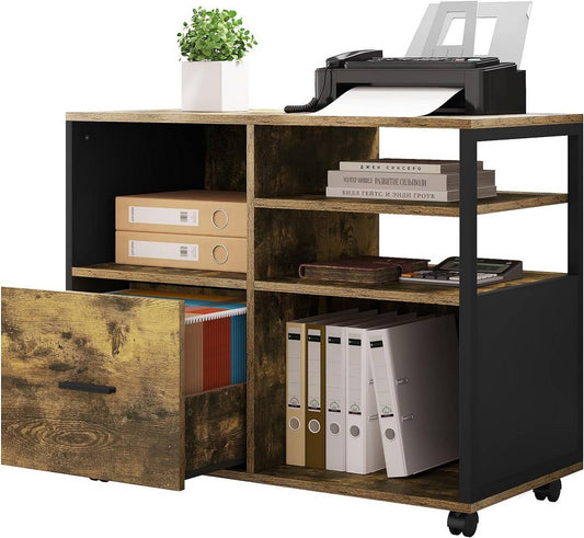 24goodz Vintage Brown Mobile Printer Stand - Spacious Storage - Durable E1 Wood and Metal - For Home and Office - 80 x 65 x 40 cm