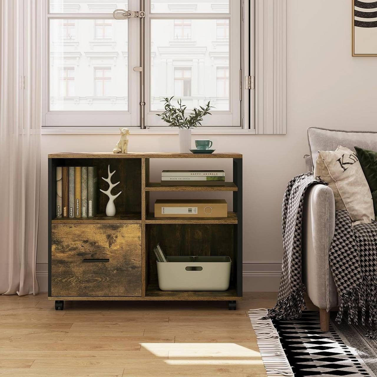 24goodz Vintage Brown Mobile Printer Stand - Spacious Storage - Durable E1 Wood and Metal - For Home and Office - 80 x 65 x 40 cm