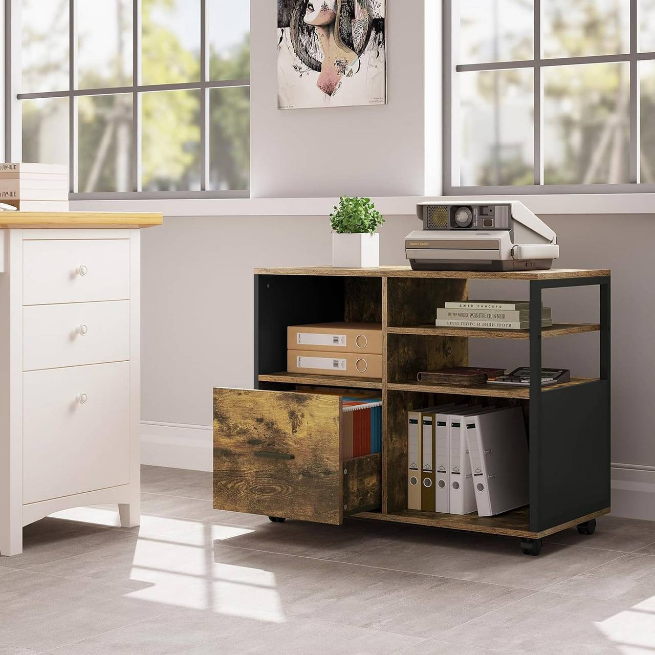24goodz Vintage Brown Mobile Printer Stand - Spacious Storage - Durable E1 Wood and Metal - For Home and Office - 80 x 65 x 40 cm