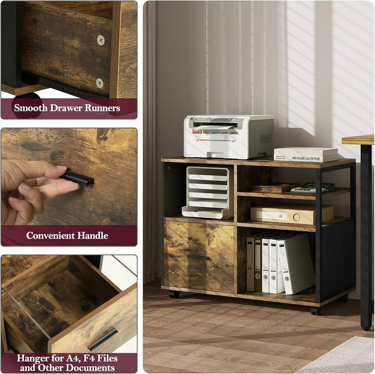 24goodz Vintage Brown Mobile Printer Stand - Spacious Storage - Durable E1 Wood and Metal - For Home and Office - 80 x 65 x 40 cm