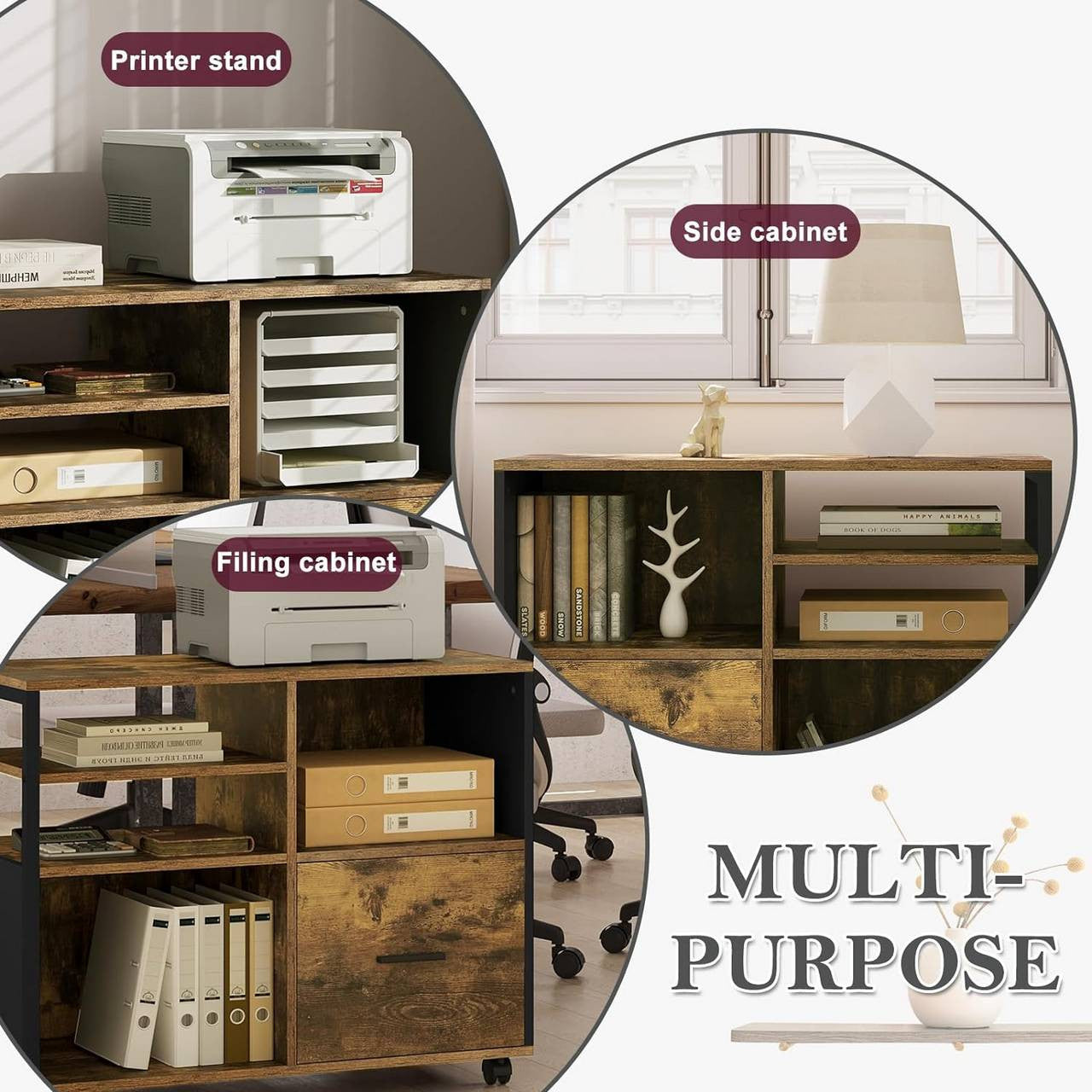 24goodz Vintage Brown Mobile Printer Stand - Spacious Storage - Durable E1 Wood and Metal - For Home and Office - 80 x 65 x 40 cm