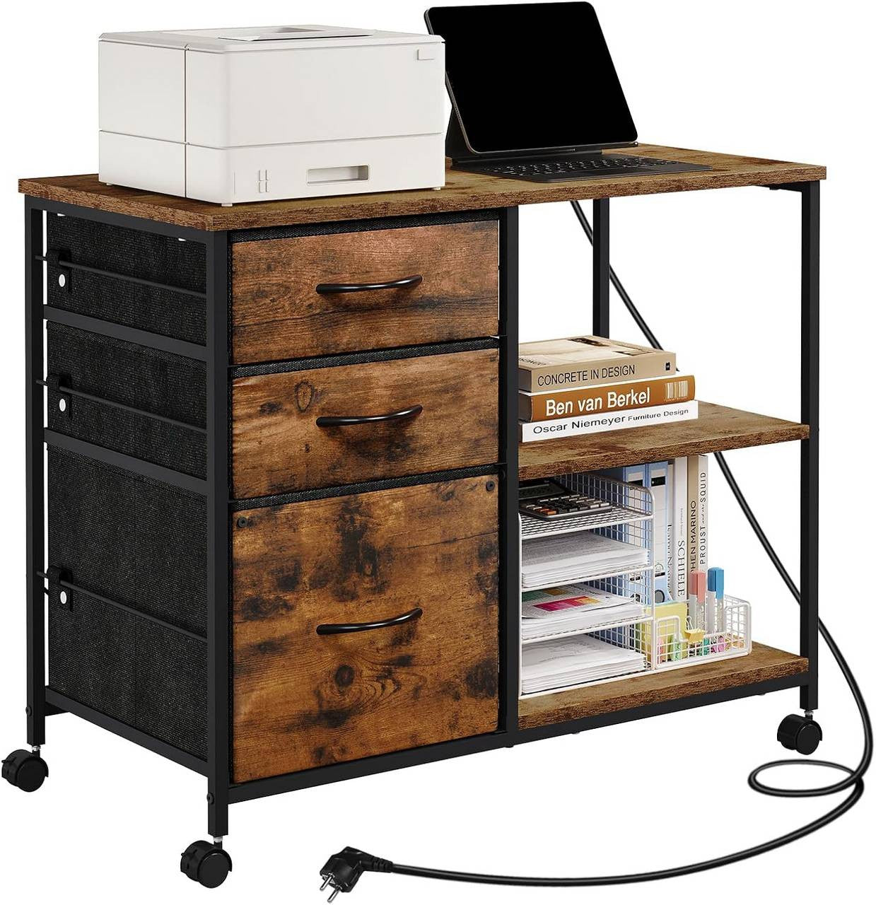 24goodz Mobile Archive Cabinet with Charging Station - Convenient USB Ports - Robust E1 Wood and Metal - For Home Office - Vintage Brown