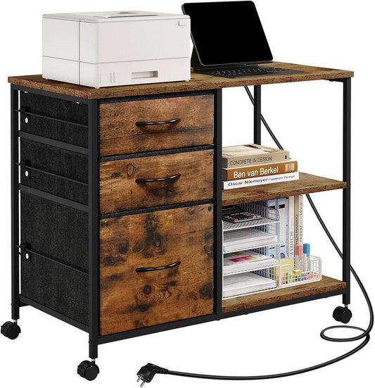 24goodz Mobile Archive Cabinet with Charging Station - Convenient USB Ports - Robust E1 Wood and Metal - For Home Office - Vintage Brown