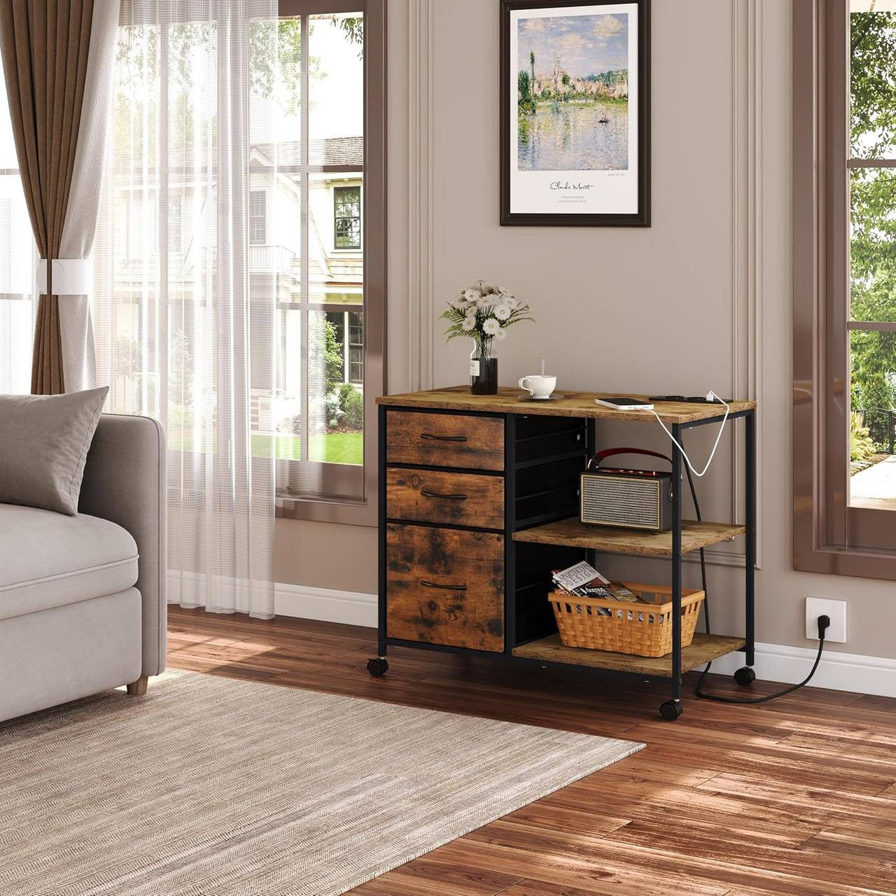 24goodz Mobile Archive Cabinet with Charging Station - Convenient USB Ports - Robust E1 Wood and Metal - For Home Office - Vintage Brown