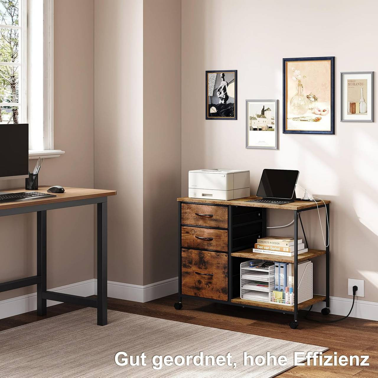 24goodz Mobile Archive Cabinet with Charging Station - Convenient USB Ports - Robust E1 Wood and Metal - For Home Office - Vintage Brown