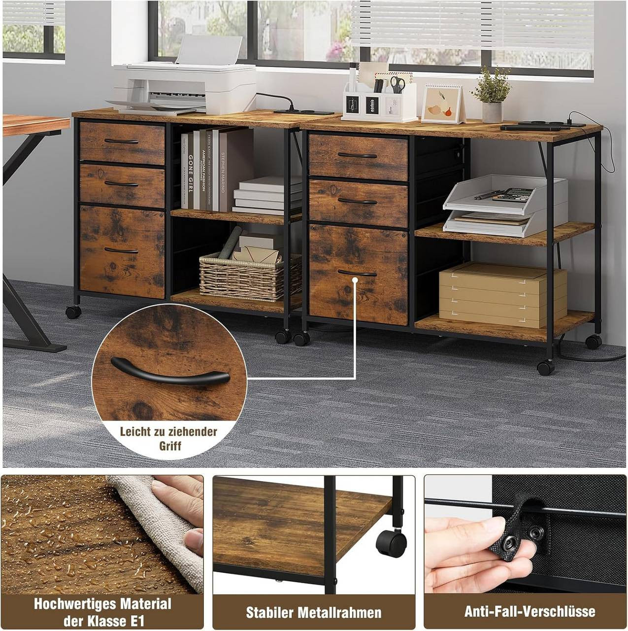 24goodz Mobile Archive Cabinet with Charging Station - Convenient USB Ports - Robust E1 Wood and Metal - For Home Office - Vintage Brown