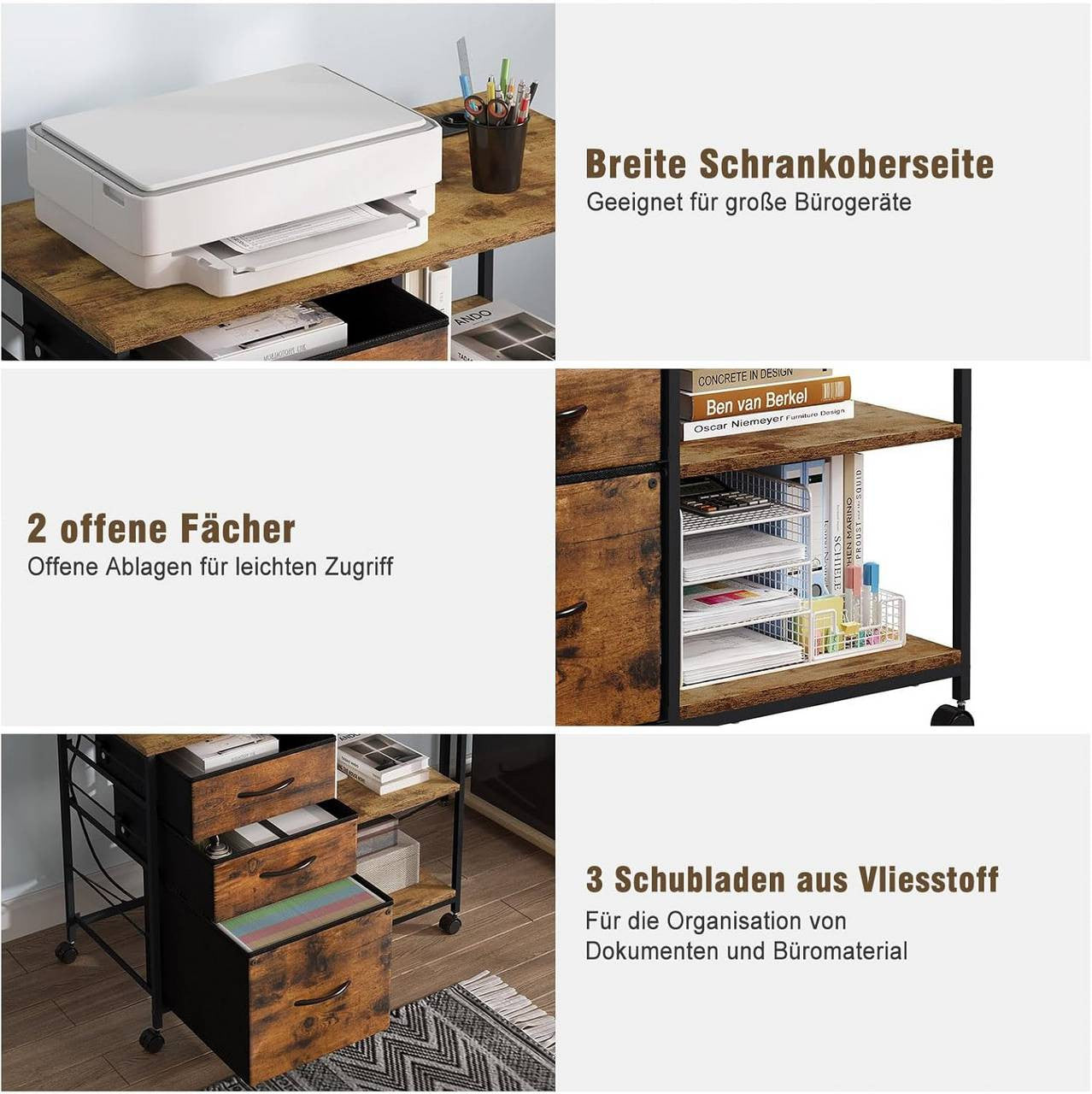 24goodz Mobile Archive Cabinet with Charging Station - Convenient USB Ports - Robust E1 Wood and Metal - For Home Office - Vintage Brown
