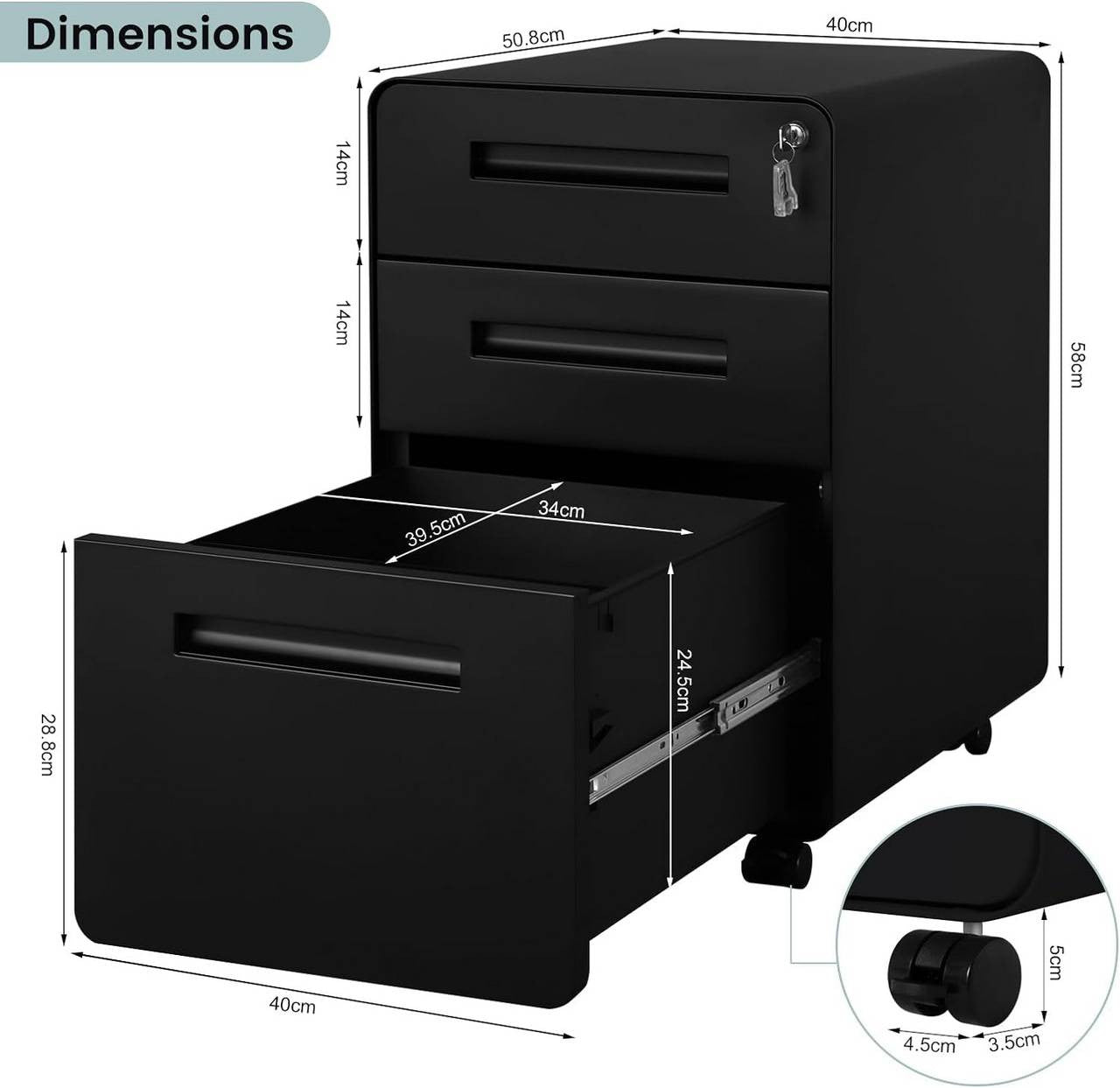 24goodz Mobile Filing Cabinet - Secure Locking System - Heavy-Duty Metal - For Home Office - Black