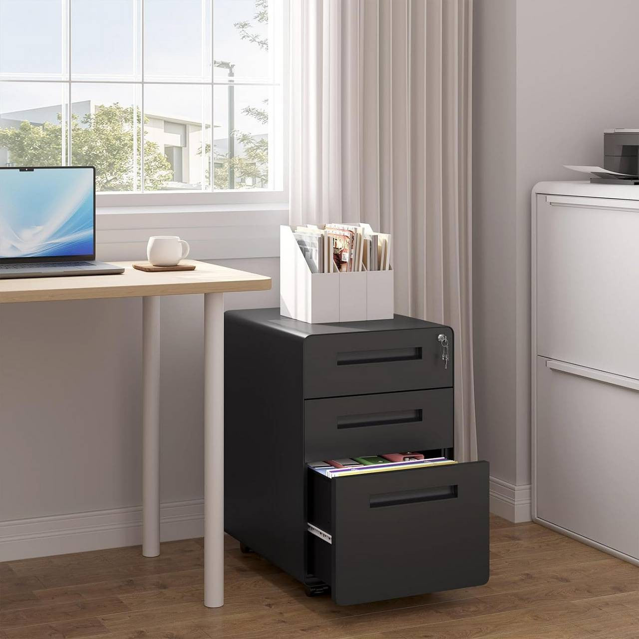 24goodz Mobile Filing Cabinet - Secure Locking System - Heavy-Duty Metal - For Home Office - Black