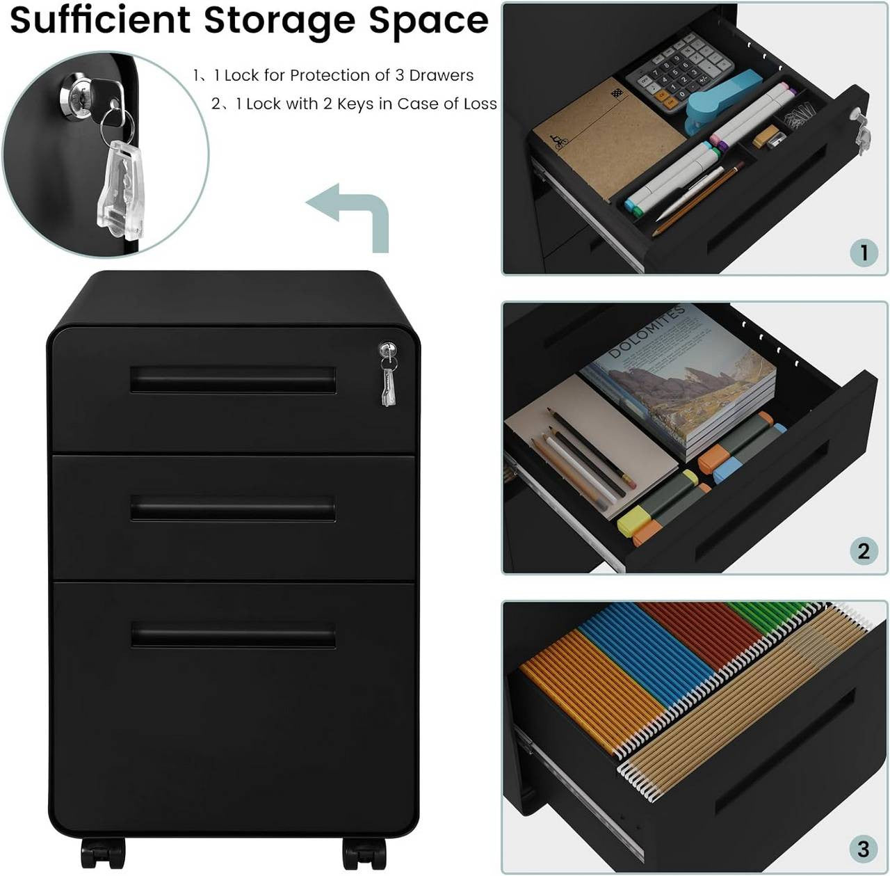 24goodz Mobile Filing Cabinet - Secure Locking System - Heavy-Duty Metal - For Home Office - Black
