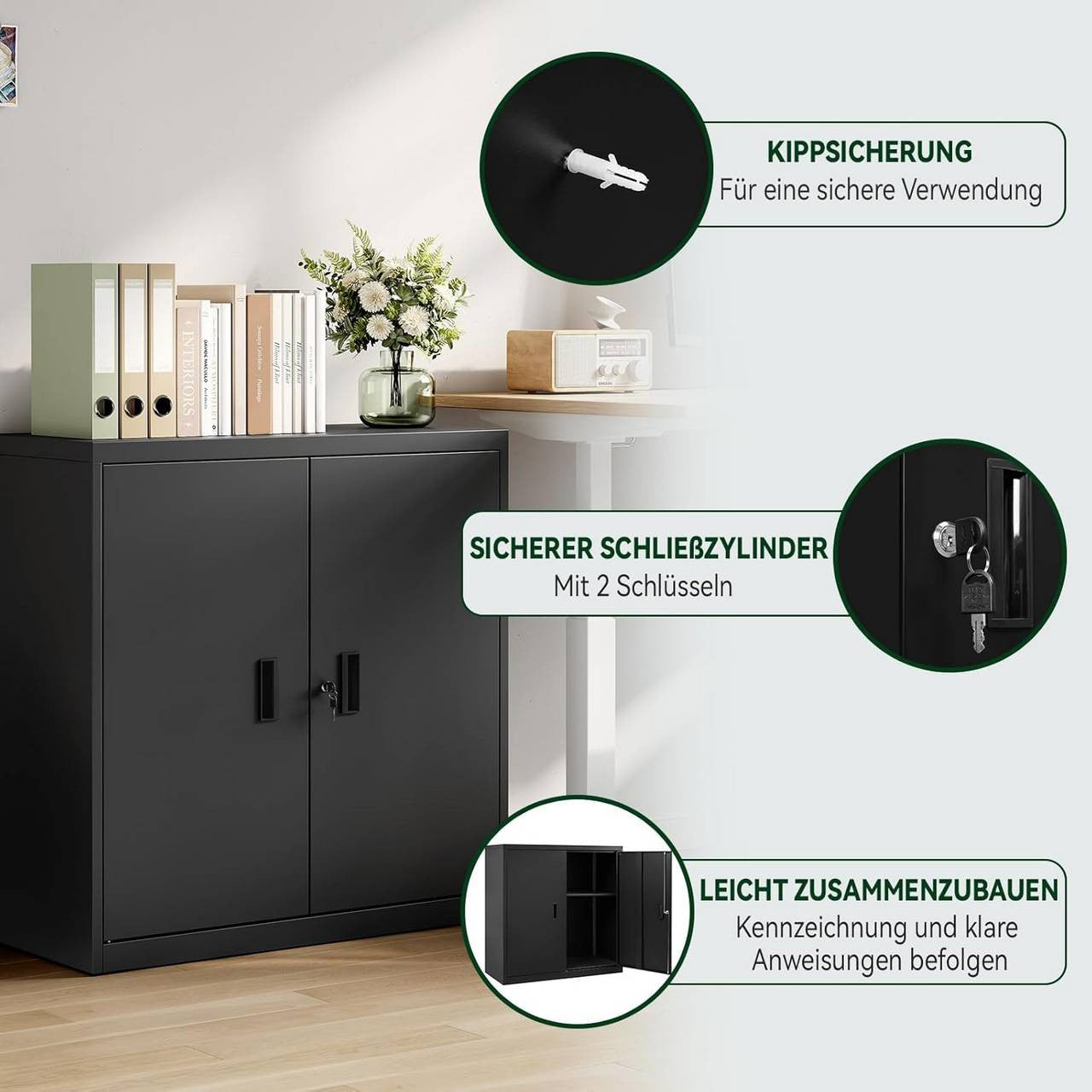24goodz Lockable Filing Cabinet - Spacious & Secure - Metal - For Home Office or Garage - Black - 90 x 92 x 40 cm