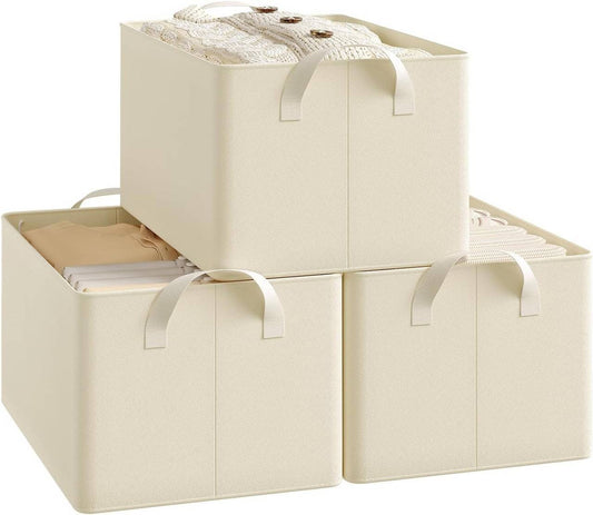 24goodz Foldable Storage Boxes Set of 3 - Durable and Versatile - Polyester and Metal - For Organizing Home - Cream
