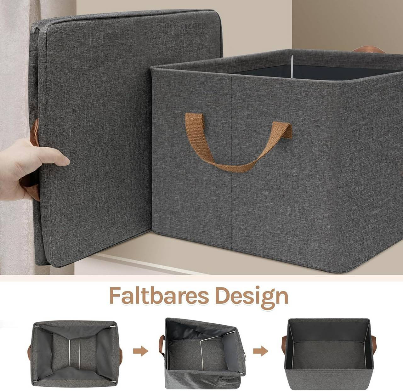 24goodz Foldable Storage Boxes Set of 3 - Durable and Space-Saving - Polyester and Metal - For Organizing Your Home - Grey + Brown