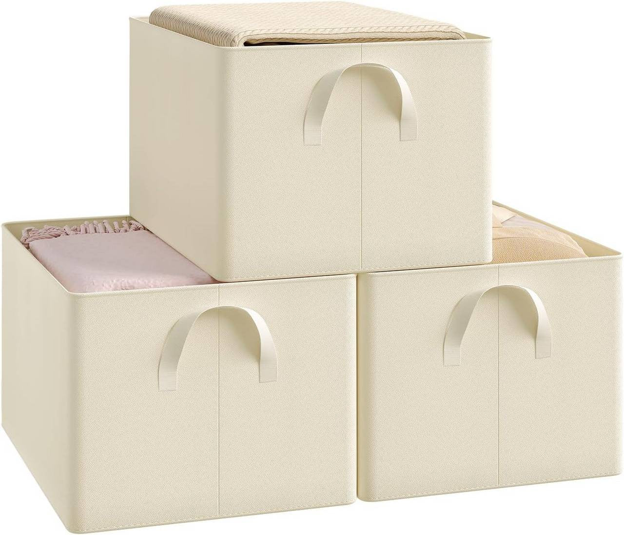 24goodz Foldable Storage Boxes Set of 3 - Durable and Stylish - Kationic Fabric and Polyester - For Home Organization - Cream (42x32x26 cm)