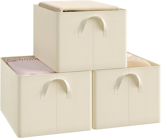 24goodz Foldable Storage Boxes Set of 3 - Durable and Stylish - Kationic Fabric and Polyester - For Home Organization - Cream (42x32x26 cm)