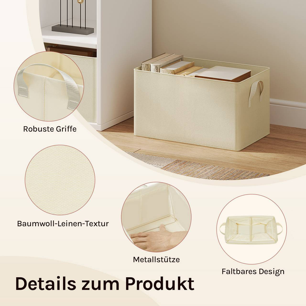 24goodz Foldable Storage Boxes Set of 3 - Durable and Stylish - Kationic Fabric and Polyester - For Home Organization - Cream (42x32x26 cm)