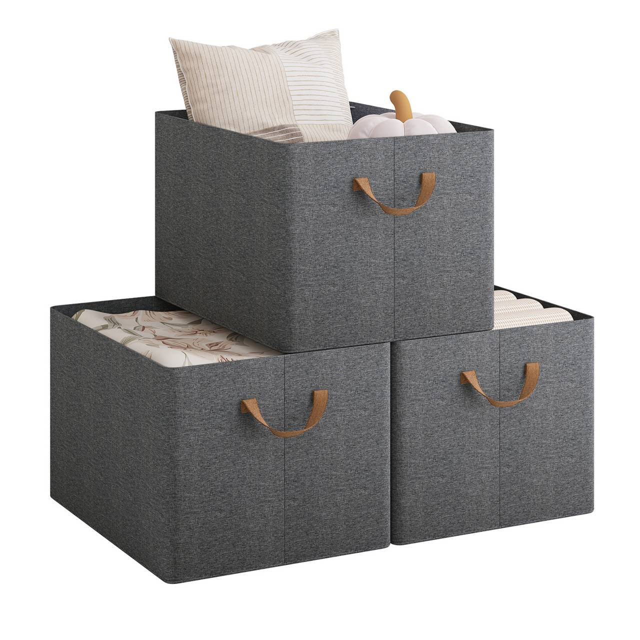 24goodz Foldable Storage Boxes Set of 3 - Durable & Space-Saving - Kationic Fabric and Polyester - For Home Organization - Grey + Brown