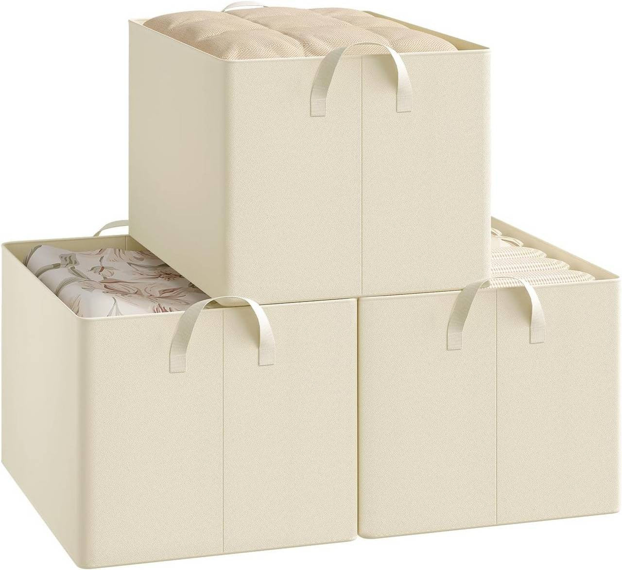 24goodz Set of 3 Foldable Storage Boxes - Durable and Space-Saving - Polyester and Metal - For Organizing Your Home - Cream (47x35x30 cm)