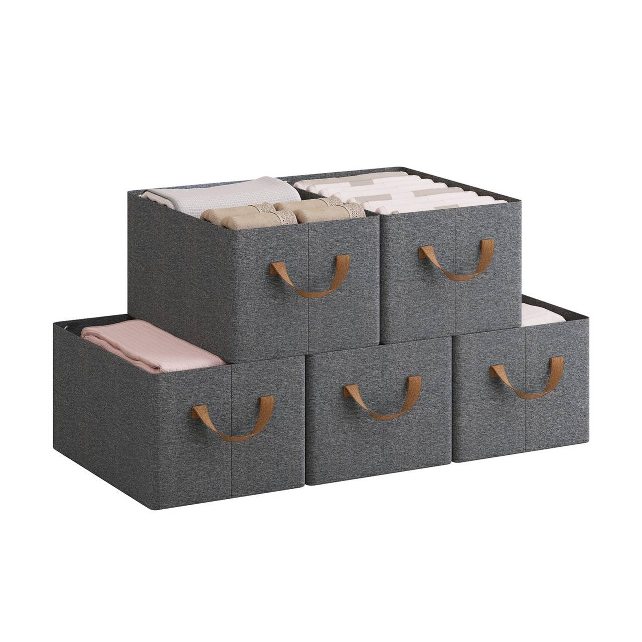 24goodz Set of 5 Foldable Storage Boxes - Durable and Versatile - Kationic Fabric and Polyester - For Home Organization - Grey + Brown