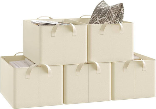 24goodz Set of 5 Foldable Storage Boxes - Durable & Space-Saving - Polyester & Metal - For Organizing Your Home - Cream