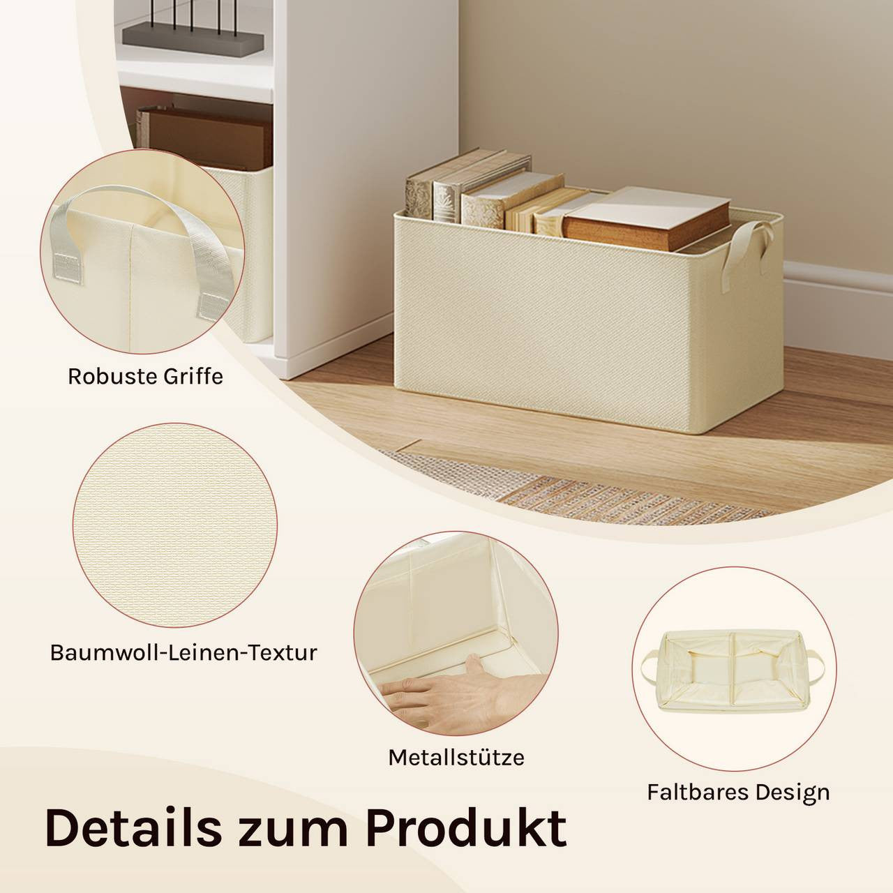 24goodz Set of 5 Foldable Storage Boxes - Durable & Space-Saving - Polyester & Metal - For Organizing Your Home - Cream