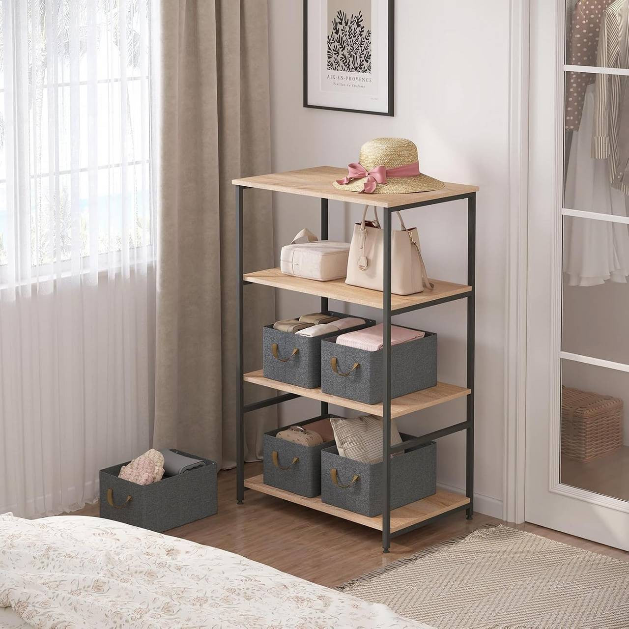 24goodz Foldable Storage Boxes Set of 5 - Durable and Stylish - Polyester and Metal - For Home Organization - Grey + Brown
