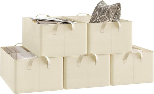 24goodz Set of 5 Foldable Storage Boxes - Durable and Space-Saving - Polyester and Metal - For Organizing Your Home - Cream