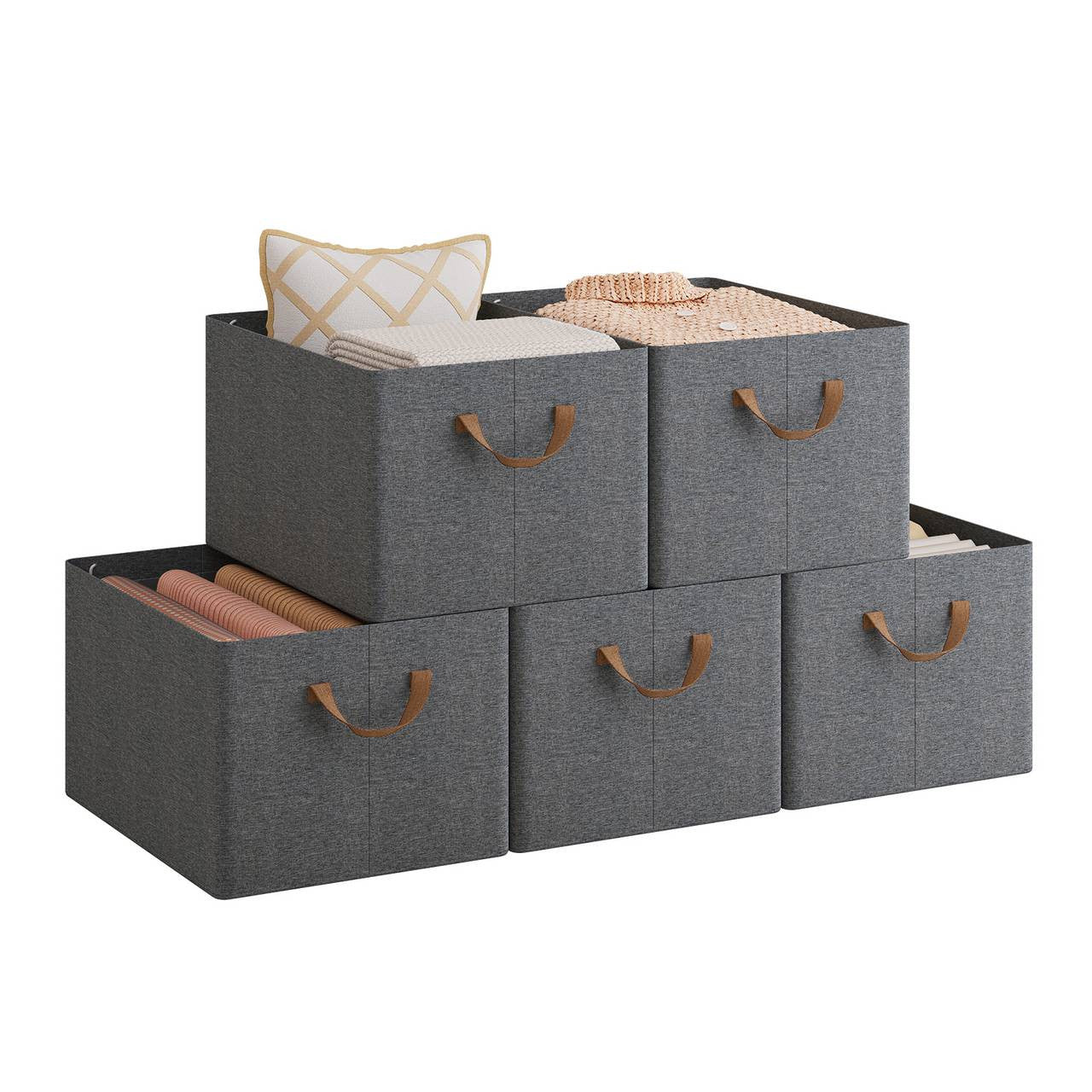 24goodz Foldable Storage Boxes Set of 5 - Durable and Space-Saving - Kationic Fabric and Polyester - For Home Organization - Grey + Brown