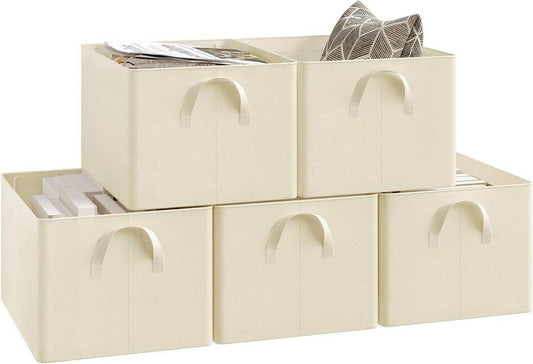 24goodz Foldable Storage Boxes Set of 5 - Durable and Stylish - Polyester and Metal - For Home Organization - Cream