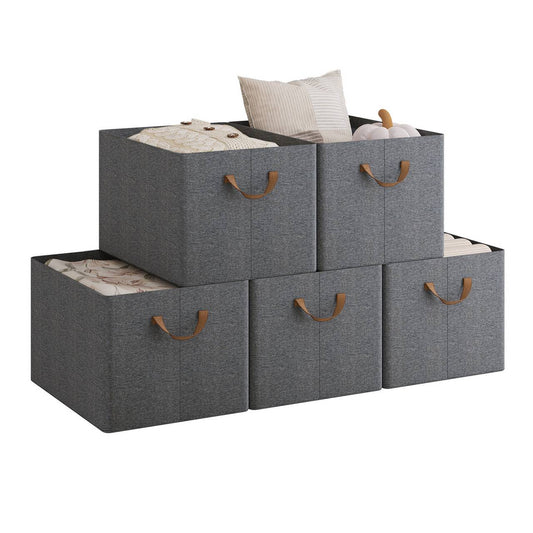 24goodz Foldable Storage Boxes Set of 5 - Durable and Versatile - Kationic Fabric and Polyester - For Organizing Your Home - Grey + Brown